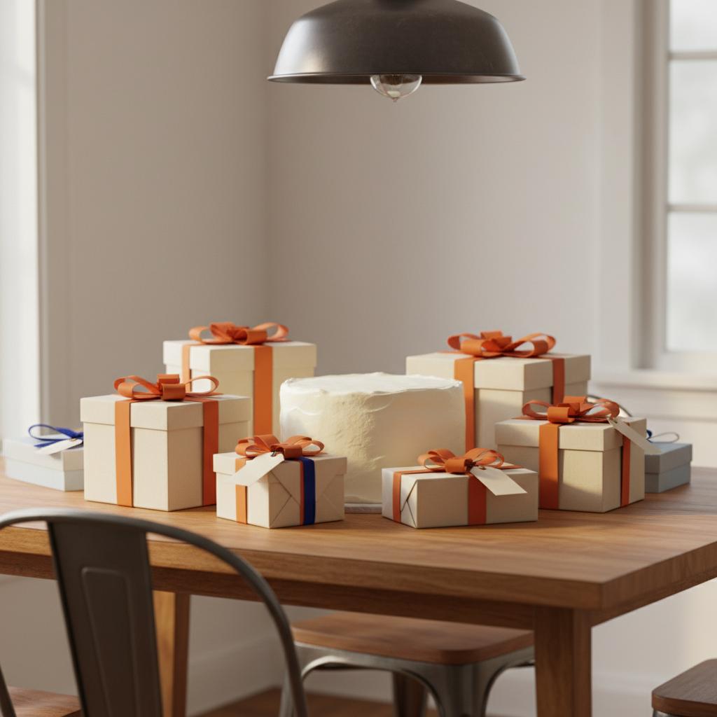 Was schenkt man einer Mama, die schon alles hat? Intime Esstischszene mit Geschenken, simpler Vanilletorte, warmem Licht und industriellen Holz- und Metalldetails.