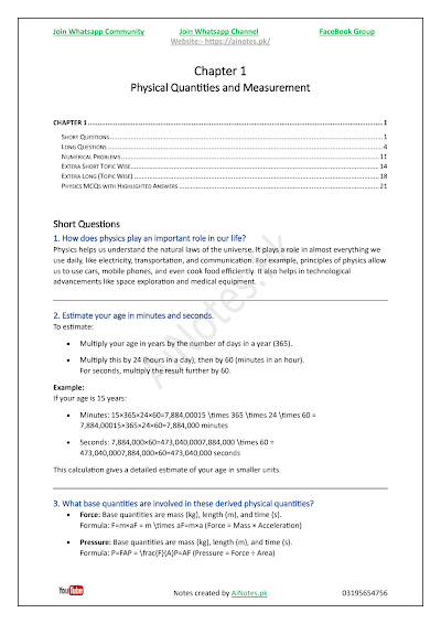 FBISE Class 9 Chapter 1 Physical Quantities and Measurement