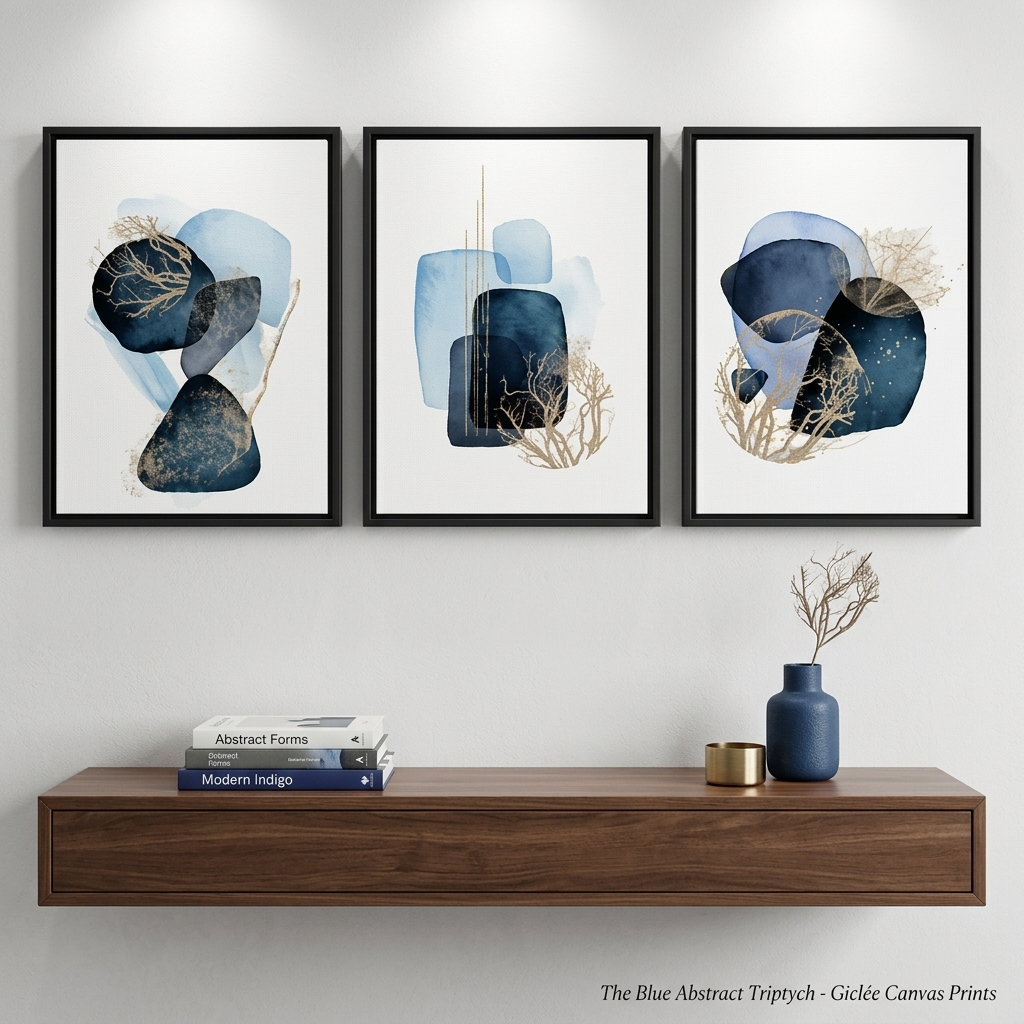 Set of 3 Modern Abstract Canvas Wall Art (40x60cm each) – Indigo Blue & Gold Leaf Botanical Watercolor Triptych - Image 4