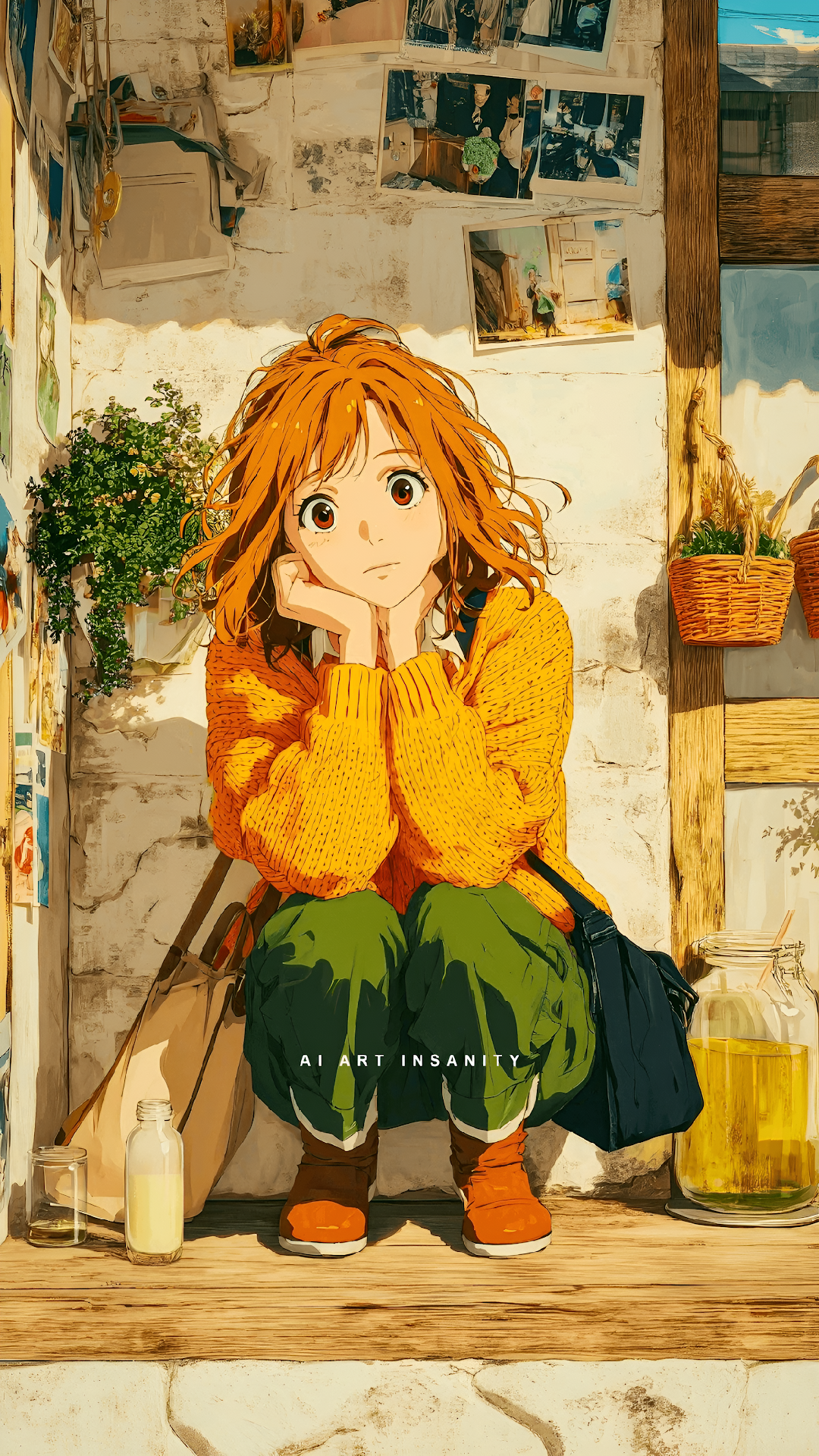 Anime Girl in Yellow Sweater Squatting by Nostalgic Photo Wall - Free 4K mobile Wallpaper