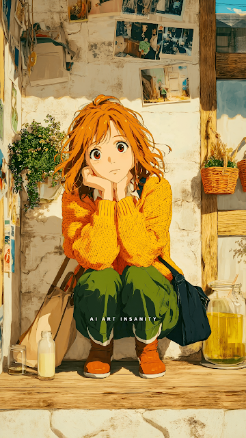 Anime Girl in Yellow Sweater Squatting by Nostalgic Photo Wall - Free mobile Wallpaper