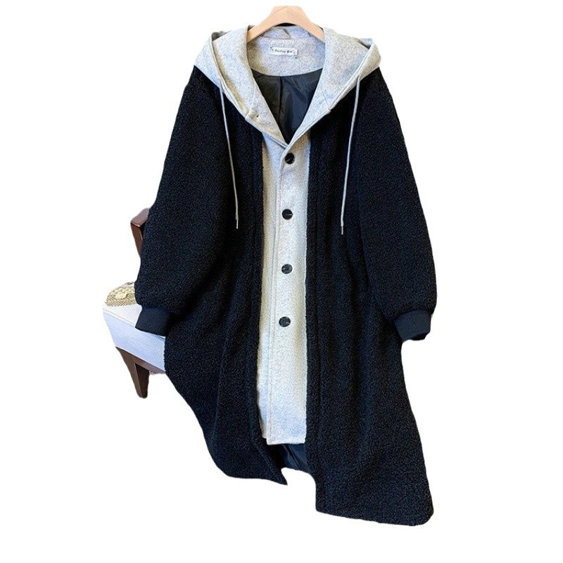 Lamb fleece imitation hooded jacket, mid-length, lined