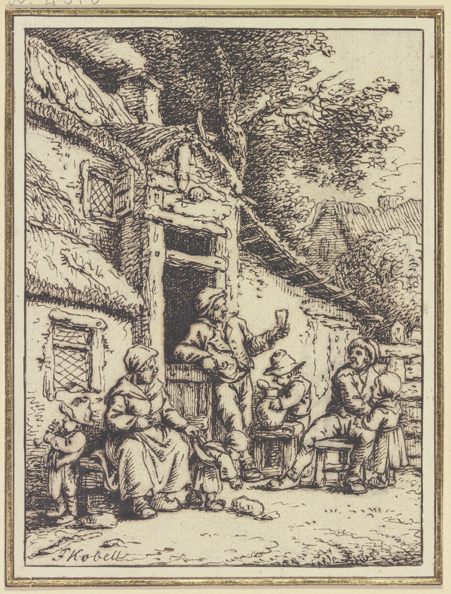 Bauernpaar mit fünf Angehörigen vor einem Haus