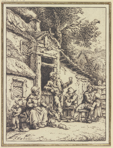 Bauernpaar mit fünf Angehörigen vor einem Haus