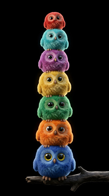 A Vertical Stack of Seven Colorful Fuzzy Owls on a Branch - Free mobile Wallpaper