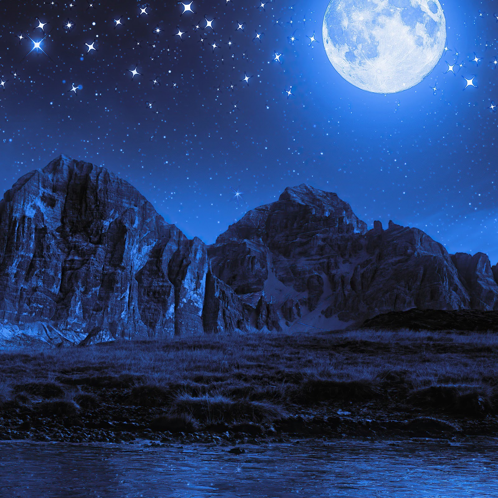 Download Night Beach Moon Stars Landscape Mountains 4K iPhone