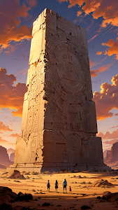 Ancient Monolith with Bitcoin Symbol in Desert Sunset