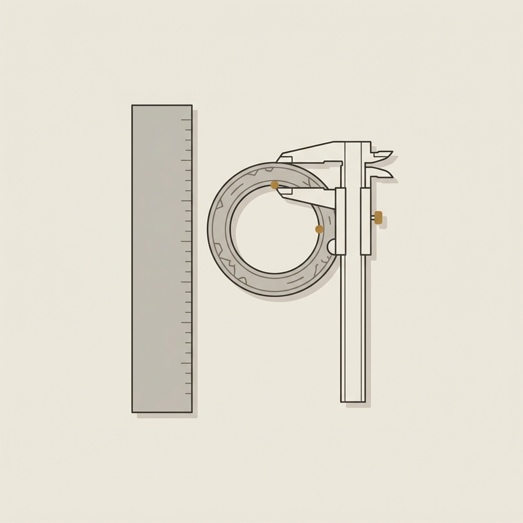 Minimalist vector flat lay of a printed ring sizing strip next to an ancient roman rings hoop measured with a caliper on a warm beige background