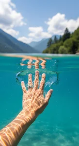Hand Reaching into Turquoise Lake Water Split View