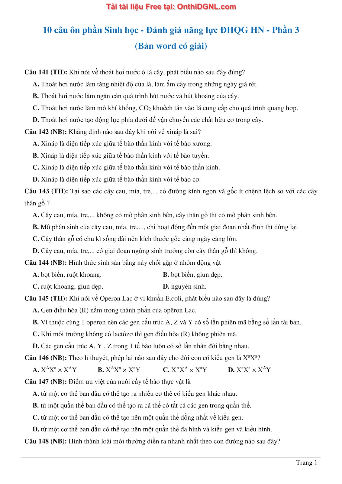 150 bài tập môn Sinh học - Ôn thi ĐGNL ĐHQG HN Phần 3
