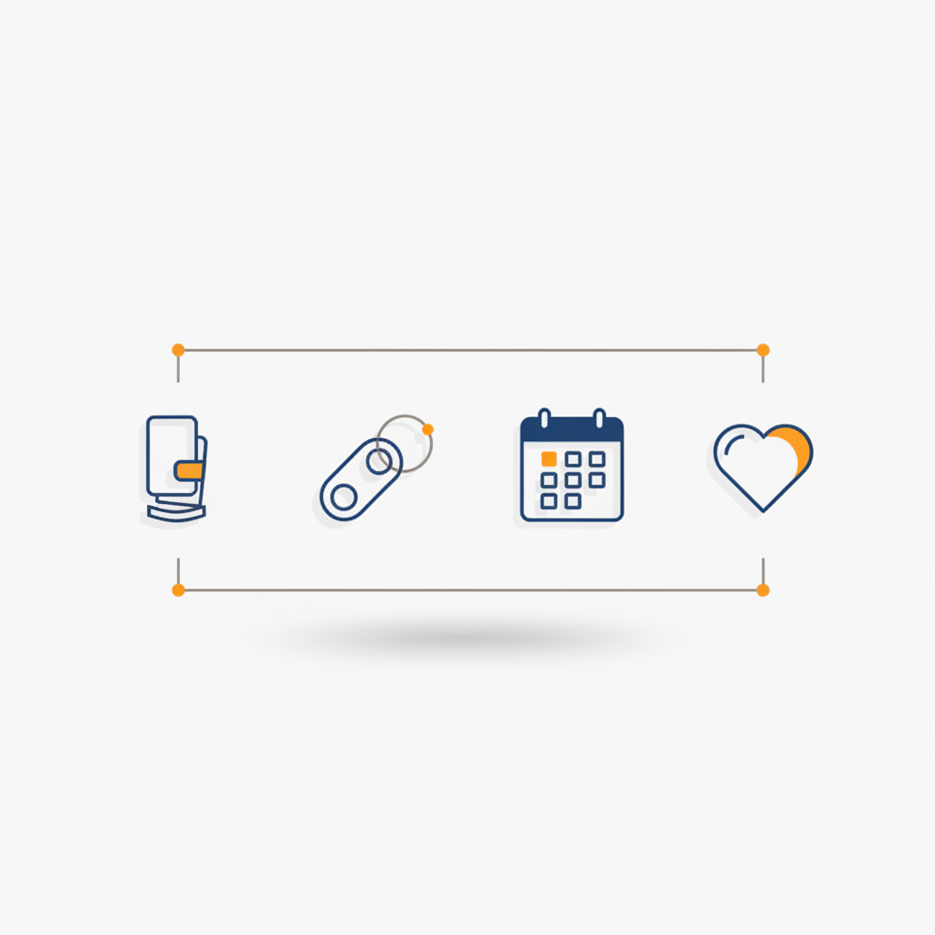 Minimalistische 2D-Vektor-Infografik mit Geldklammer-, Anhänger-, Kalender- und Herz-Icon zur Geschenkplanung – geschenke für papa zum geburtstag