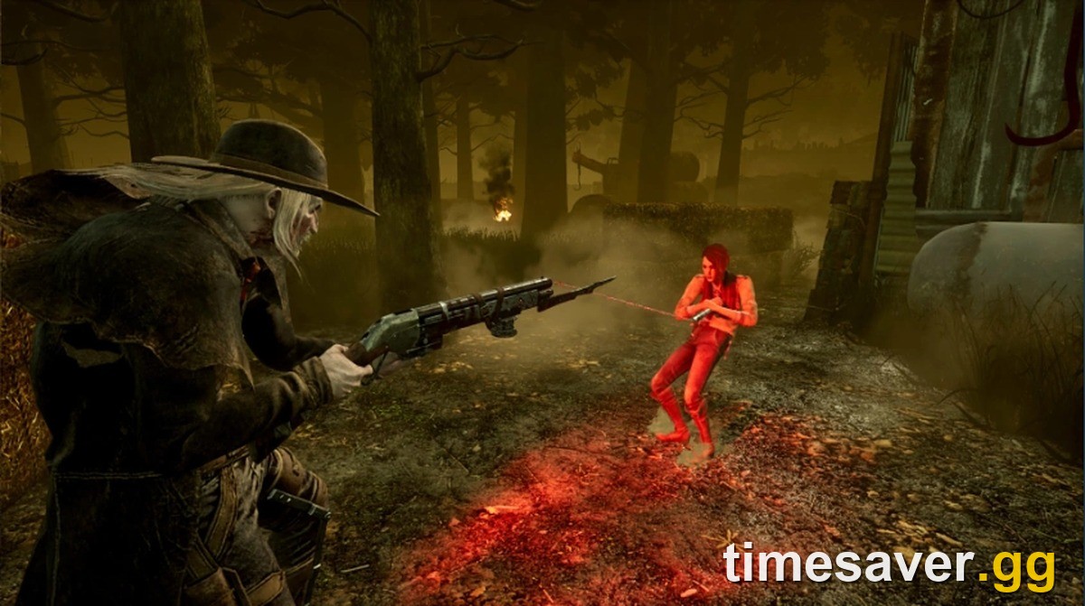 The Deathslinger aiming The Redeemer down sights at Zarina Kassir in an official Dead by Daylight Chains of Hate screenshot