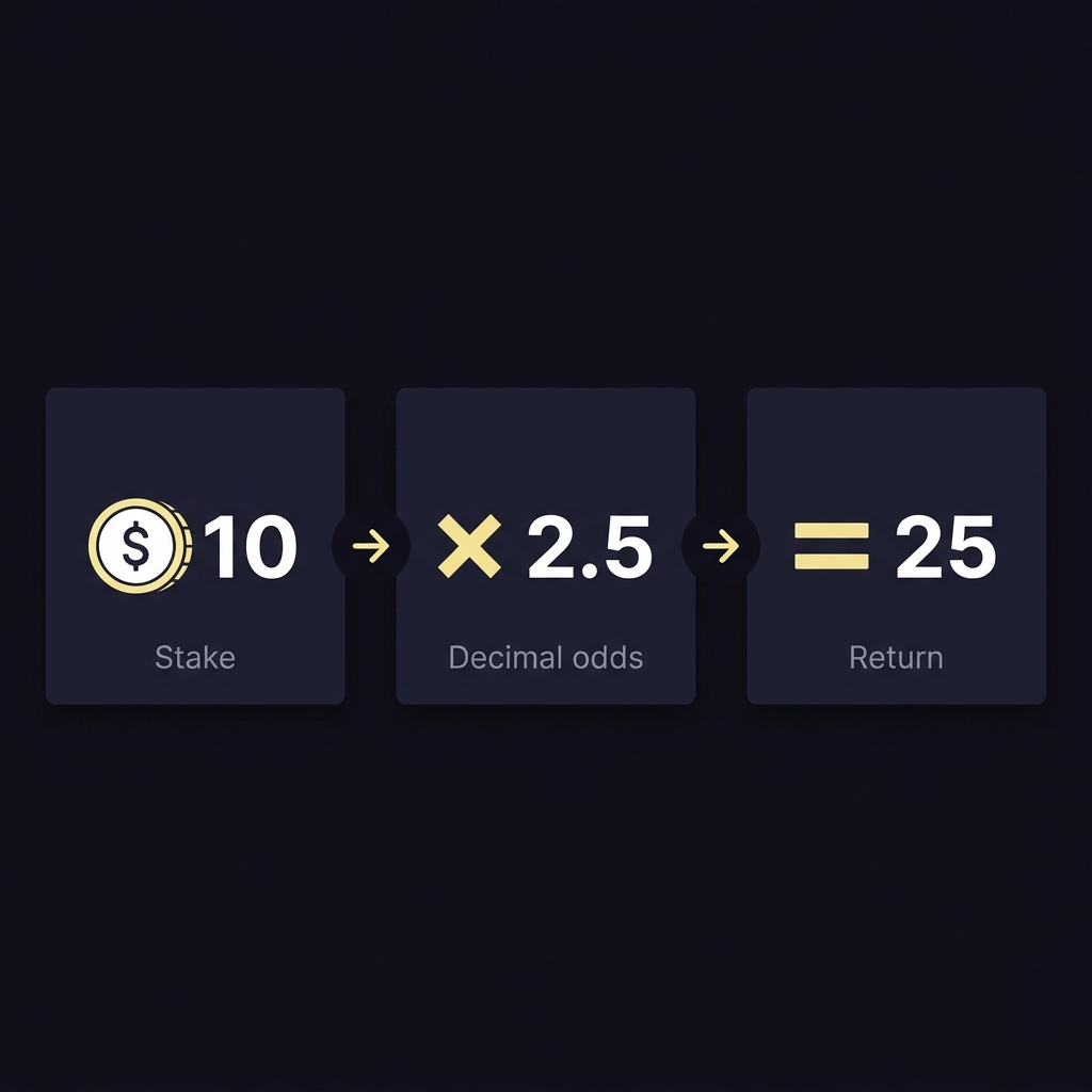 Minimal step by step decimal payout diagram showing stake multiplied by decimal odds to yield return payout on betting odds in Funded Plays brand colors