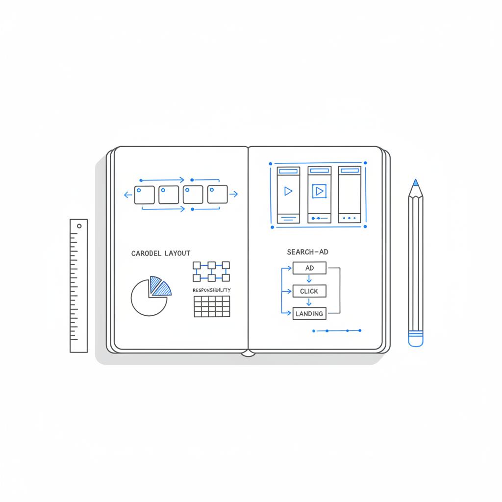 Vector notebook illustration showing sketches of carousel, short-video storyboard, and search ad flow next to a pencil and ruler in Agency Visible colors for best PPC platforms