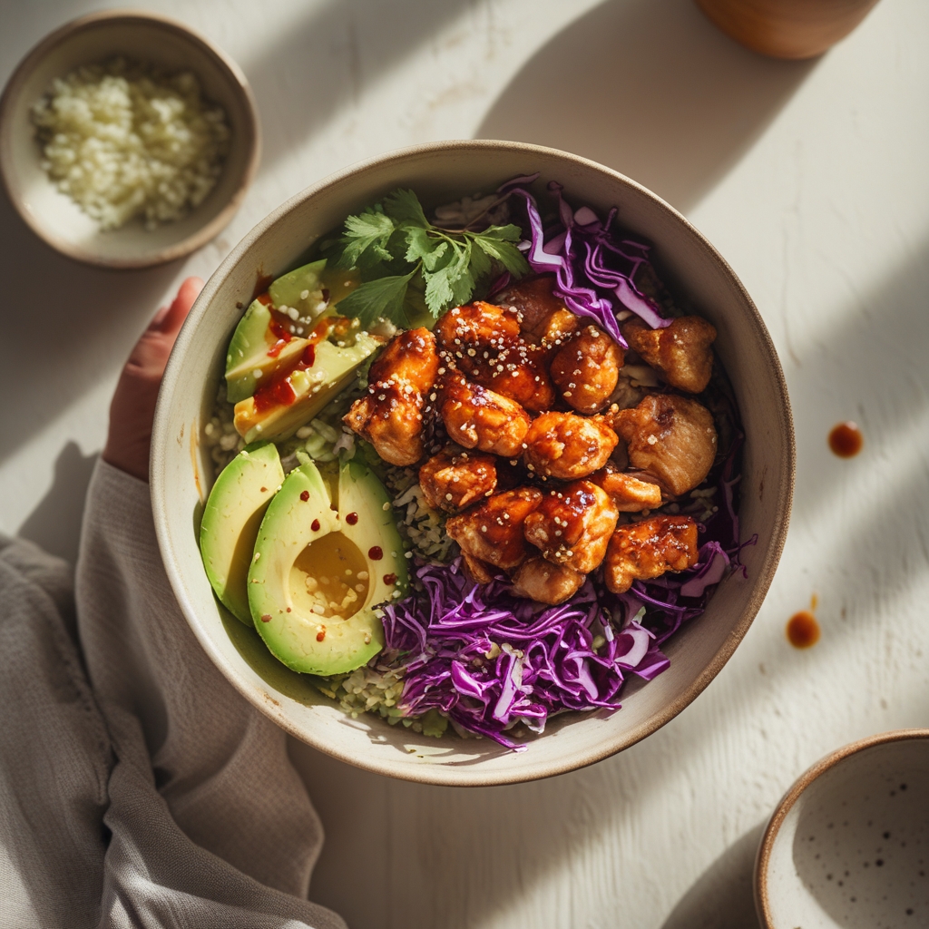 Crispy Miso Chicken & Edamame Protein Power Bowl with Spicy Gochujang Drizzle