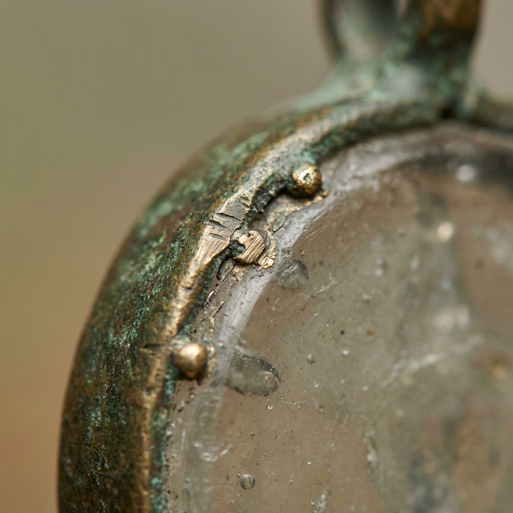 Macro 1 to 1 close up of bezel to glass join on a Roman glass necklace pendant showing solder lines patina and surface texture on a clean beige background