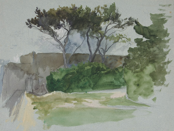 Study of landscape with trees and stonewall