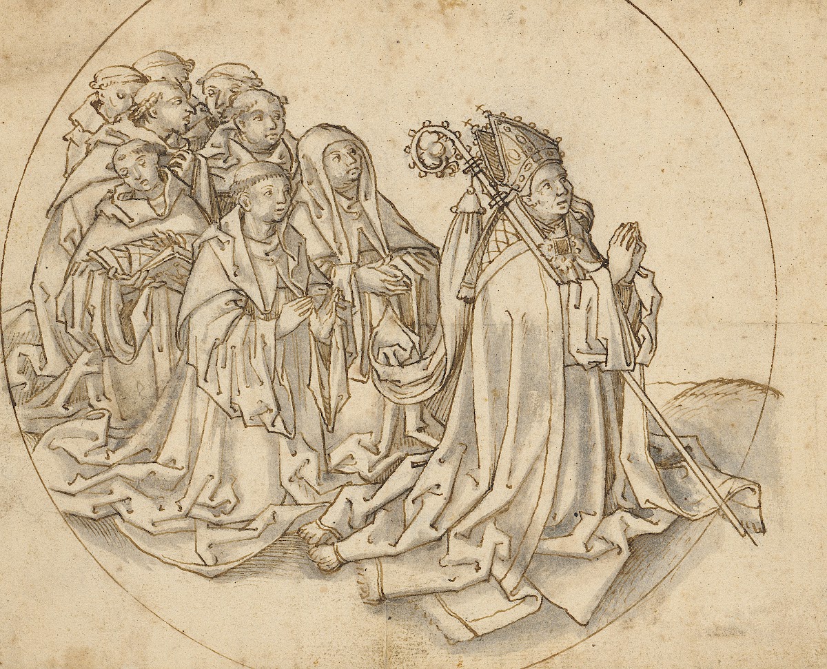 Kneeling bishop and eight monks 1500