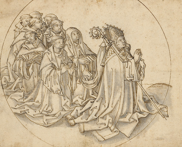 Kneeling bishop and eight monks 1500