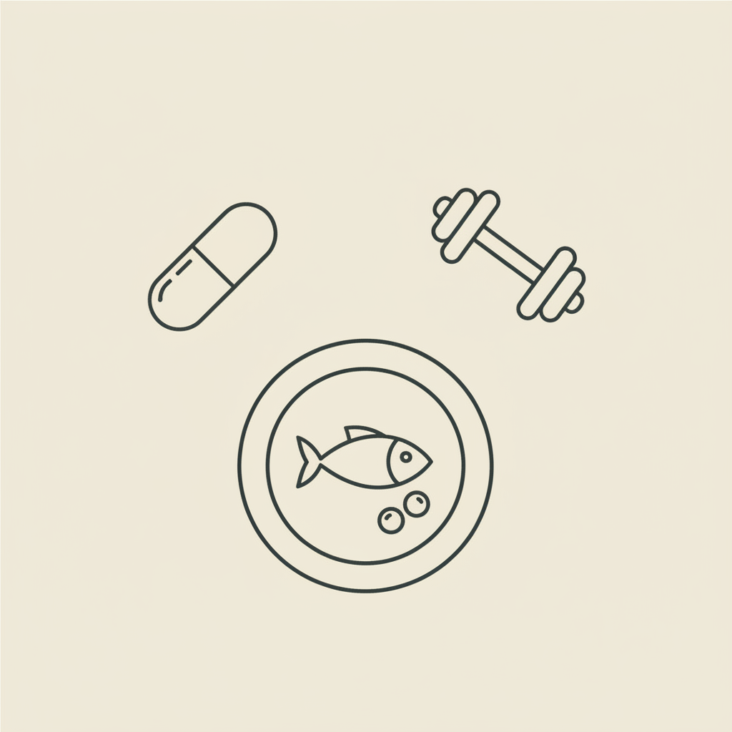 Minimalist line illustration of a capsule, small dumbbell, and a plate with fish and berries on a beige background to represent ways to boost metabolism naturally.
