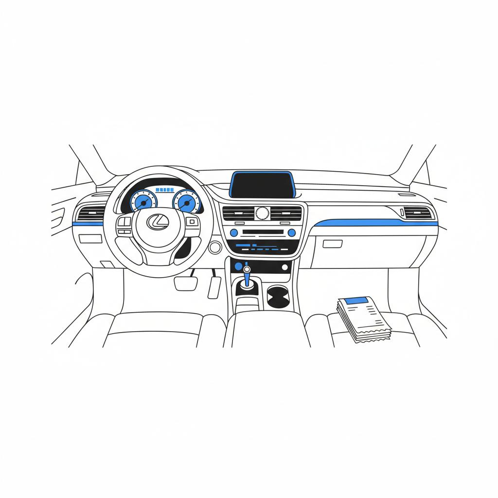 Minimalist 2D vector dashboard illustration with simplified odometer and infotainment trim and neat blank service receipts on passenger seat for lexus rx 350 price