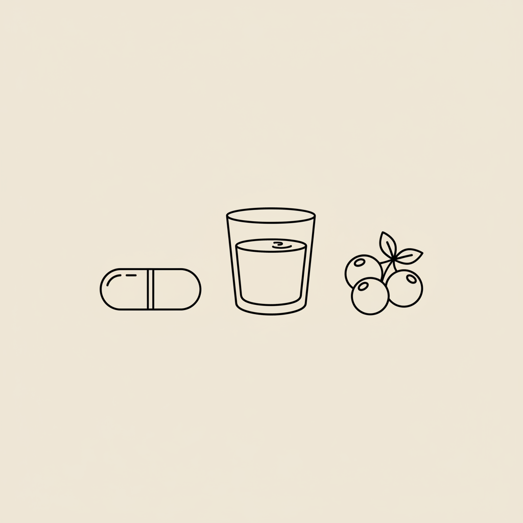Minimal Tonum-style line illustration of a capsule, water glass, and berries on beige background, symbolizing weight loss pills and healthy hydration.