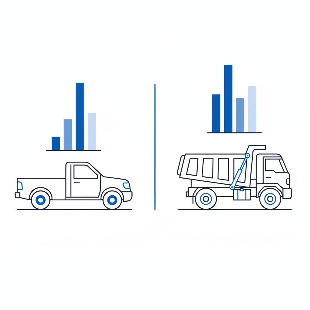 Minimalist 2D vector side by side comparison of a light duty pickup and vocational dump truck showing kbb truck value difference with blue accents on white background