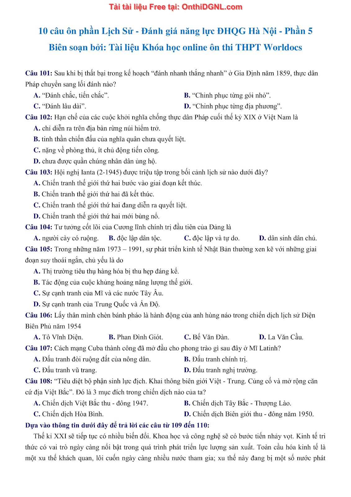 150 bài tập môn Sủ- Ôn thi ĐGNL ĐHQG HN Phần 5