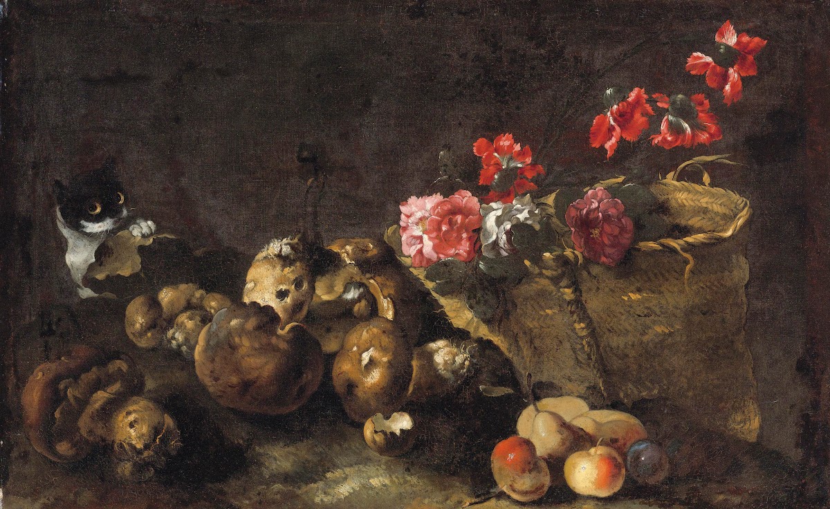 Still Life With Mushrooms Fruit A Basket Of Flowers And A Cat