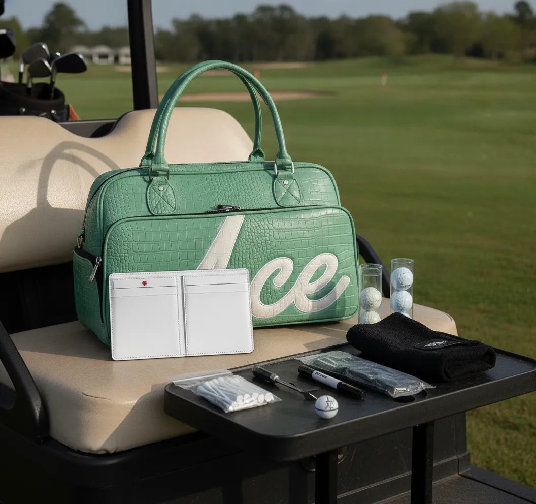 Affordable golf accessories checklist scene with organized golf gear and a white leather scorecard holder