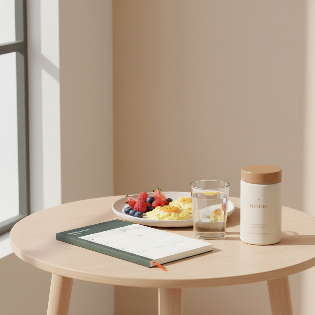 Full-frame minimalist still-life of Tonum Motus jar beside a balanced breakfast (eggs, berries), glass of water and planner on a wooden table, showcasing OTC appetite suppressants.