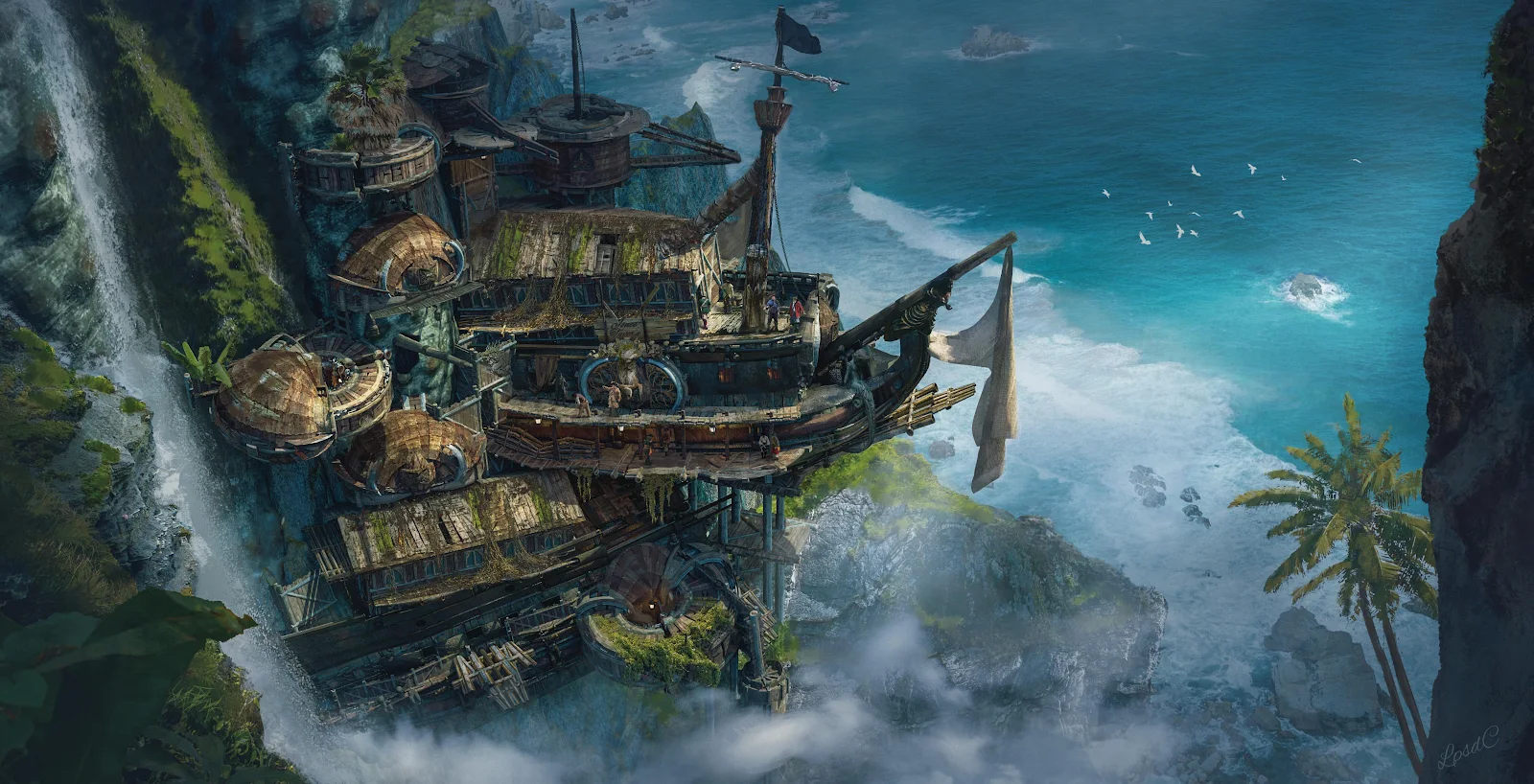 Massive Ship Village On Cliff - Fantasy Concept Art 4K Wallpaper (4500x2300)