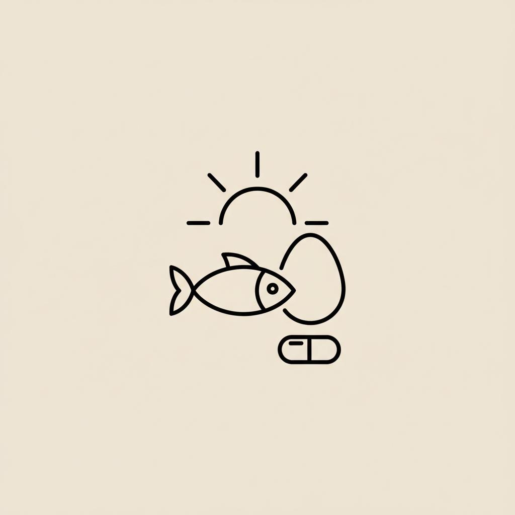 Minimal Tonum-style line illustration of a sun above a fish, an egg and a small capsule on beige background, representing vitamin D and supplements — vitamin D extremely low