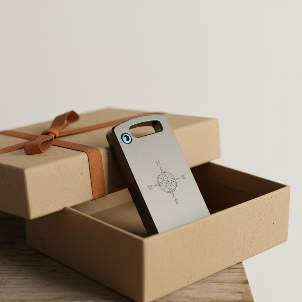 Nahaufnahme eines matten Metall‑Schlüsselanhängers auf offener Geschenkbox aus Recyclingkarton vor neutralem Hintergrund #FAFAFF mit orange Akzent #ff9800 – was schenkt man zur bestandenen prüfung