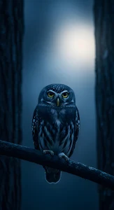 Nocturnal Pygmy Owl Staring in Dark Forest Moonlight