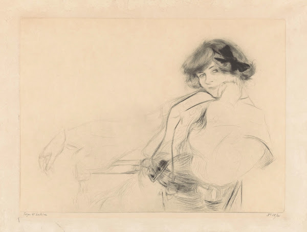 Young woman with a bow in her hair sitting on a chair 1905