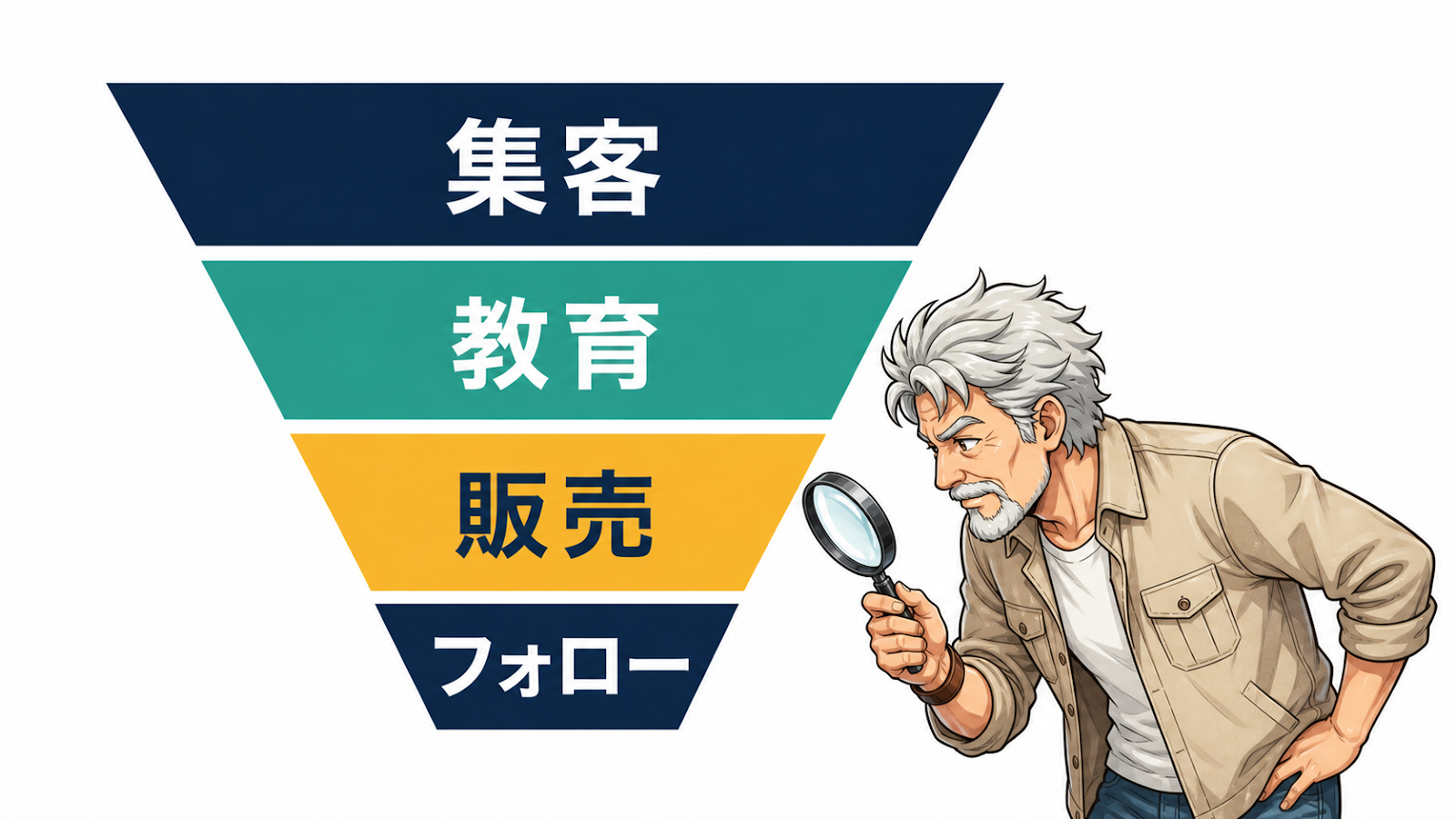 集客→教育→販売→フォローの4段ファネルと各段階に置く遷移率