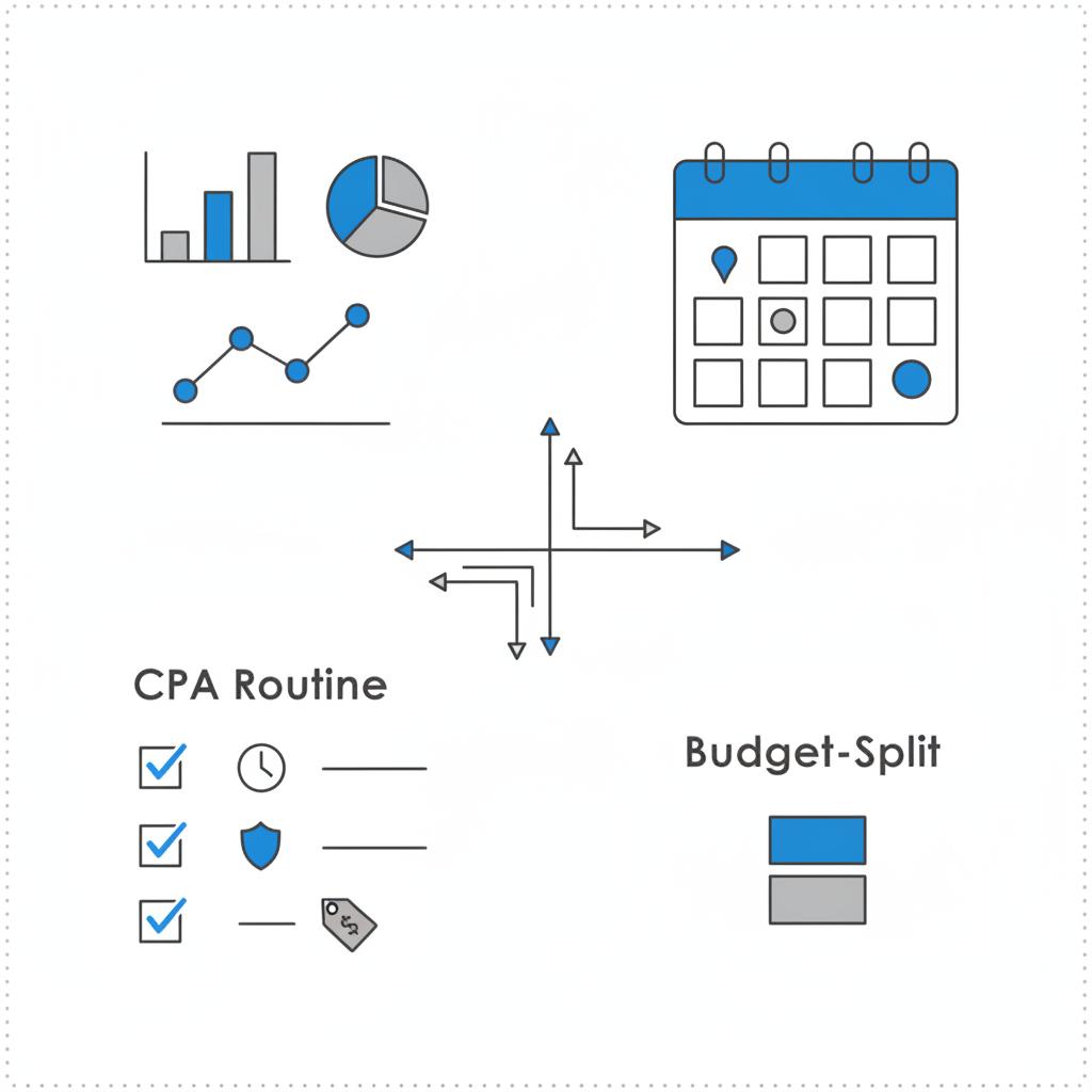 Minimal 2D vector flat-lay of analytics charts, a calendar with daily/weekly/monthly markers, and checklist icons representing a CPA routine for CPA in Meta ads, white background, gray lines and blue accents.