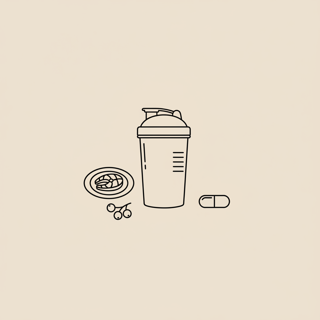 Minimal Tonum-style line illustration of a protein shaker bottle, a plate with fish and berries, and a capsule on beige background — protein shakes for weight loss