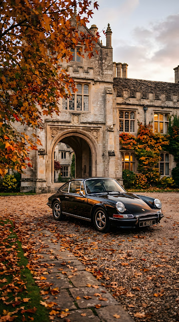 Classic Black Sports Car Parked at an Old Stone European Manor - Free mobile Wallpaper