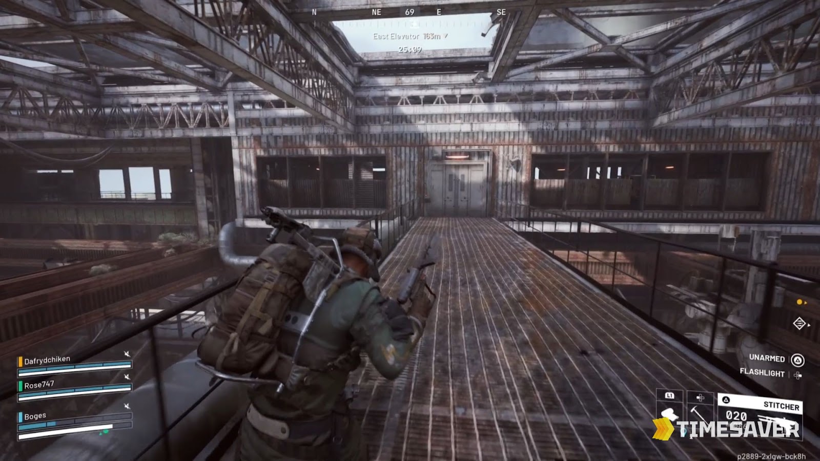 ARC Raiders Raider on the metal-grated top-floor walkway inside the Spaceport Container Storage building, locked door ahead