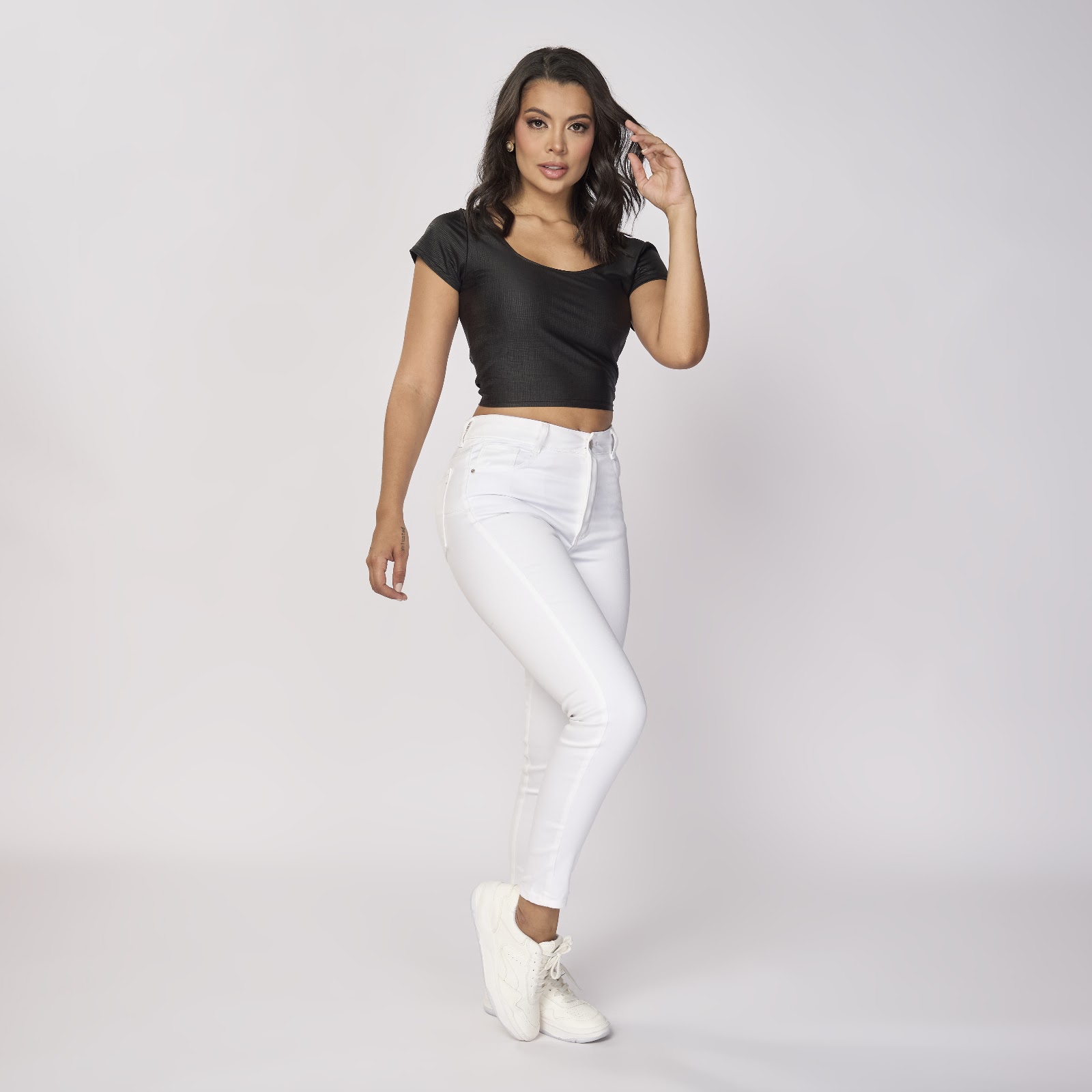 Pantalón skinny tiro alto en drill stretch blanco - Vista 2