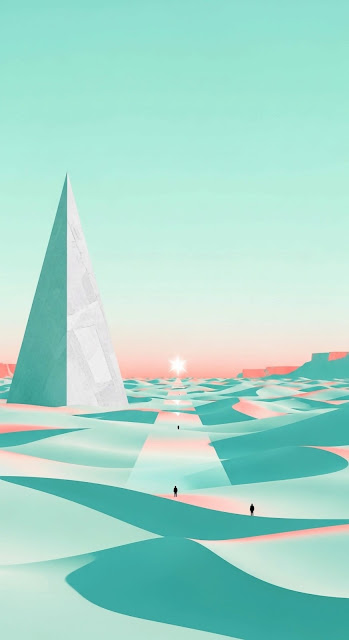 Surreal Minimalist Desert with White Pyramid and Teal Dunes - Free mobile Wallpaper