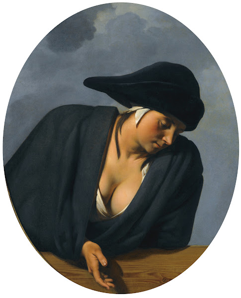 A Peasant Woman Wearing A Black Hat Leaning On A Wooden Ledge