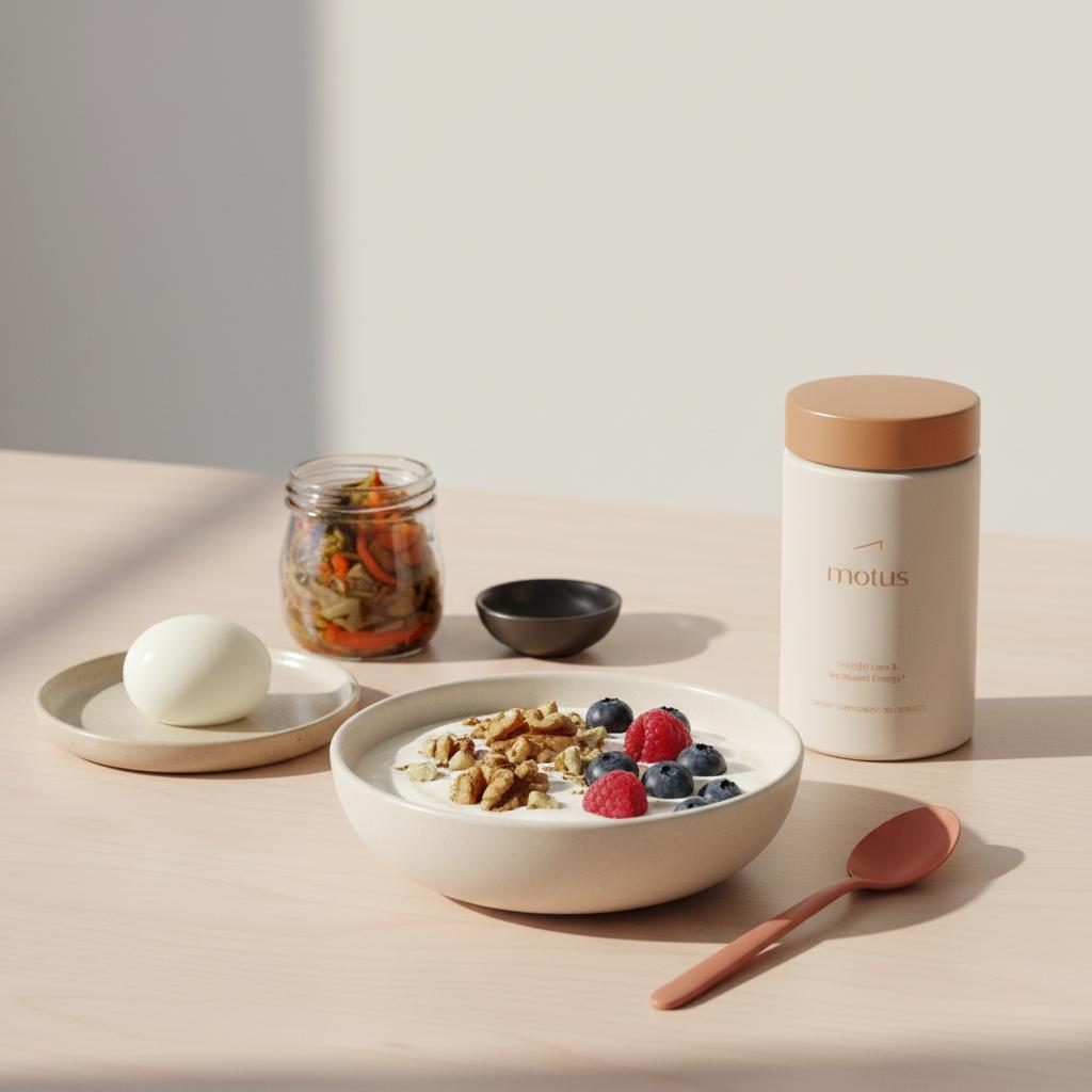 Minimalist breakfast still-life with Greek yogurt, walnuts and berries, boiled egg, jar of fermented vegetables and Tonum Nouro container to activate neurotransmitters naturally