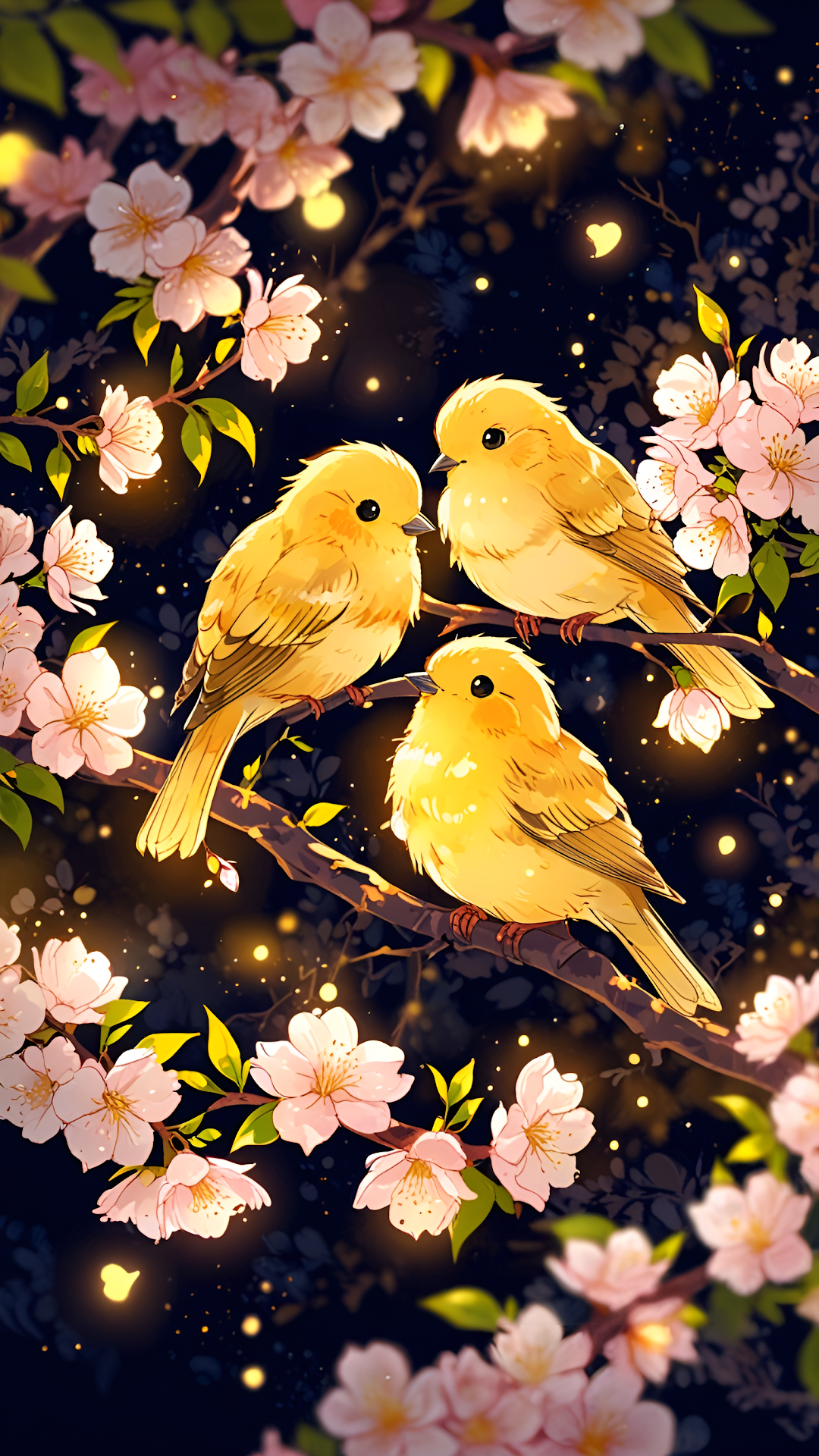 Three Cute Yellow Birds Cherry Blossom Night Illustration - Free 4K mobile Wallpaper