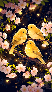 Three Cute Yellow Birds Cherry Blossom Night Illustration