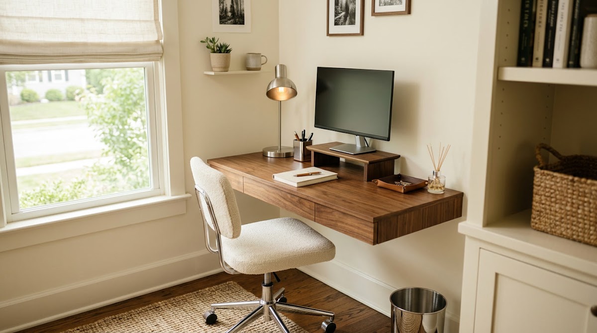 How to Make Chrome Home Office Accessories Work With a Wood Desk - chrome decorative objects arranged on a warm wood console