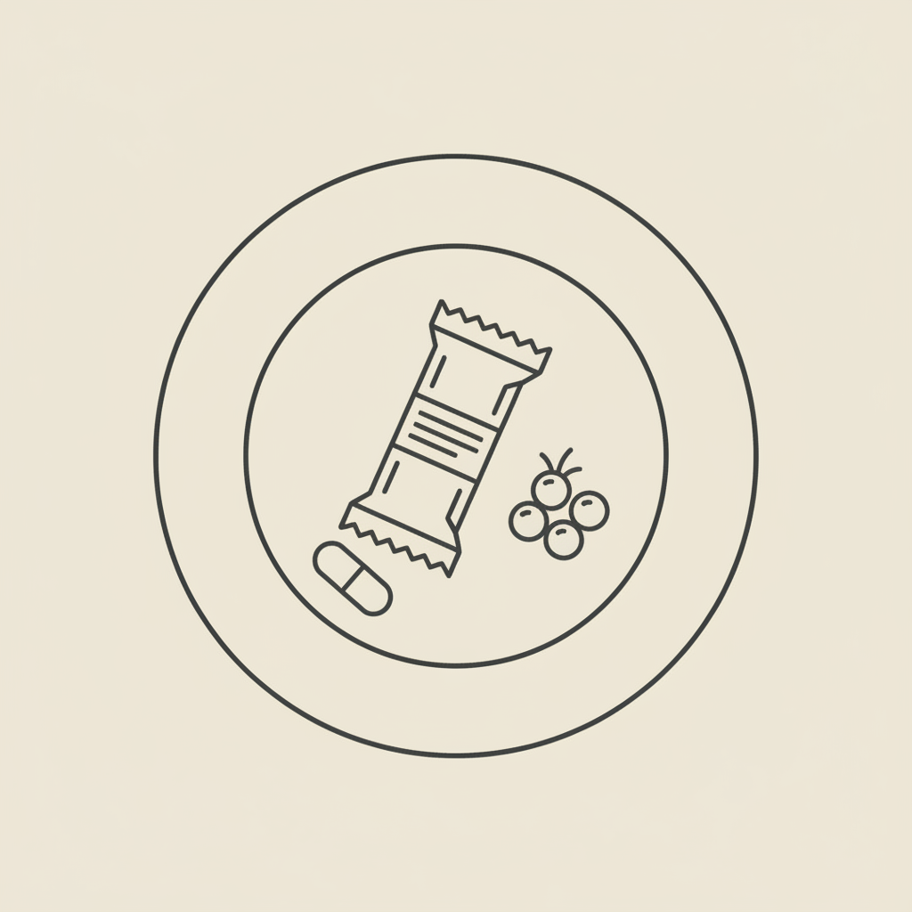 Minimalist vector line illustration of a plate with a protein bar, berries, and a capsule on beige background — When should I eat protein bars to lose weight?