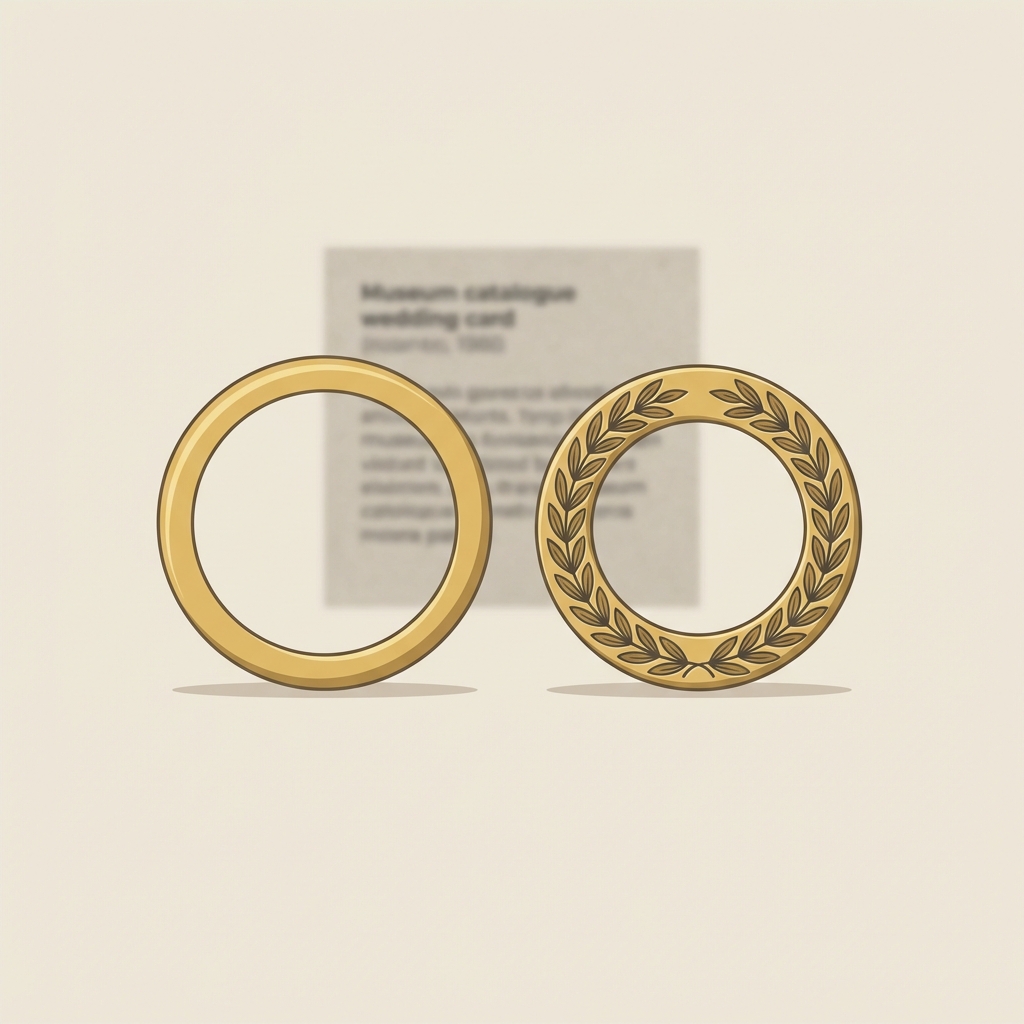 Minimalist vector of two ancient greek wedding bands side by side on cream background with a blurred museum catalogue card behind them